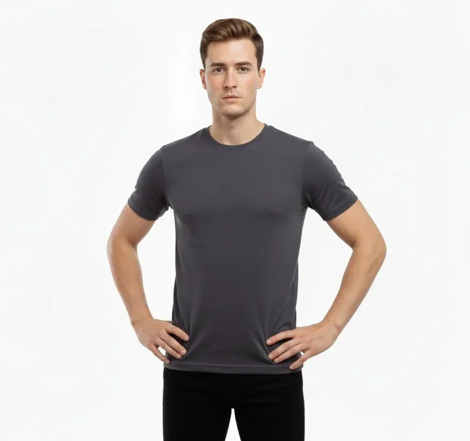 Erkek T-Shirt Bisiklet Yaka Slim Fit Dar Kesim Likralı Tişört Günlük Basic Body - Füme