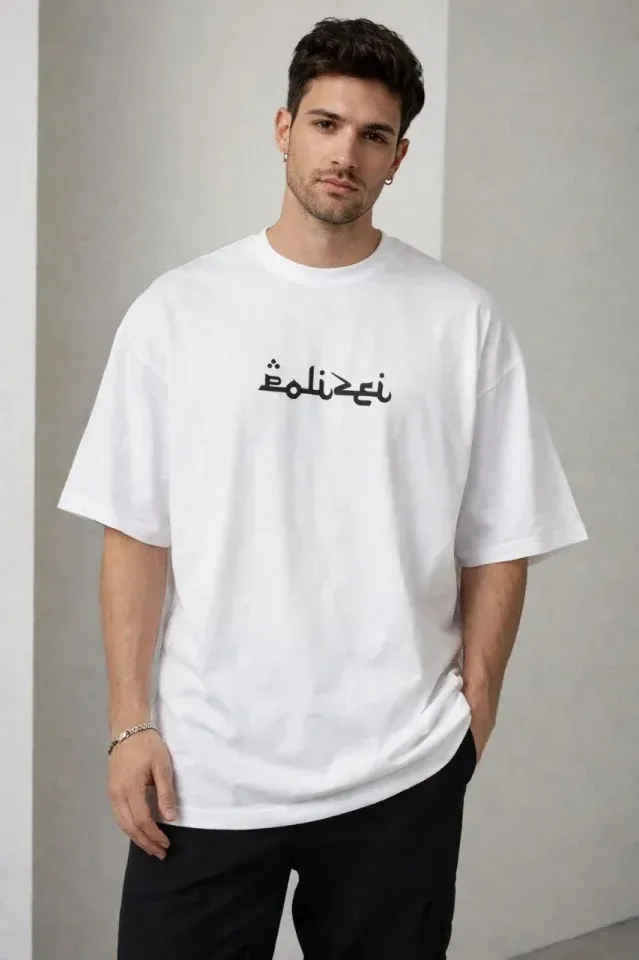 Erkek Bisiklet Yaka Baskılı Kısa Kollu Tişört Streetwear Günlük Basic Pamuklu T-shirt - Beyaz