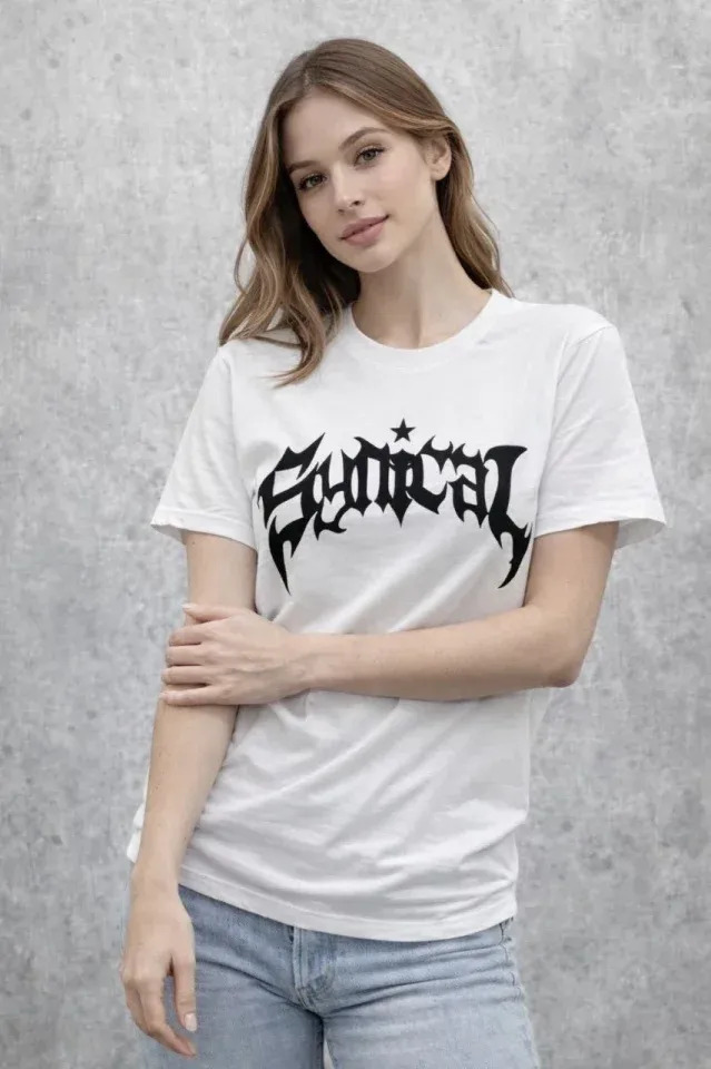 Bisiklet Yaka Ön Baskılı Kısa Kollu Tişört Streetwear Günlük Basic Pamuklu T-shirt - Beyaz