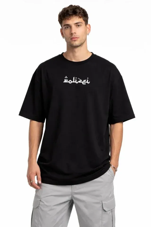 Erkek Bisiklet Yaka Baskılı Kısa Kollu Tişört Streetwear Günlük Basic Pamuklu T-shirt - Siyah