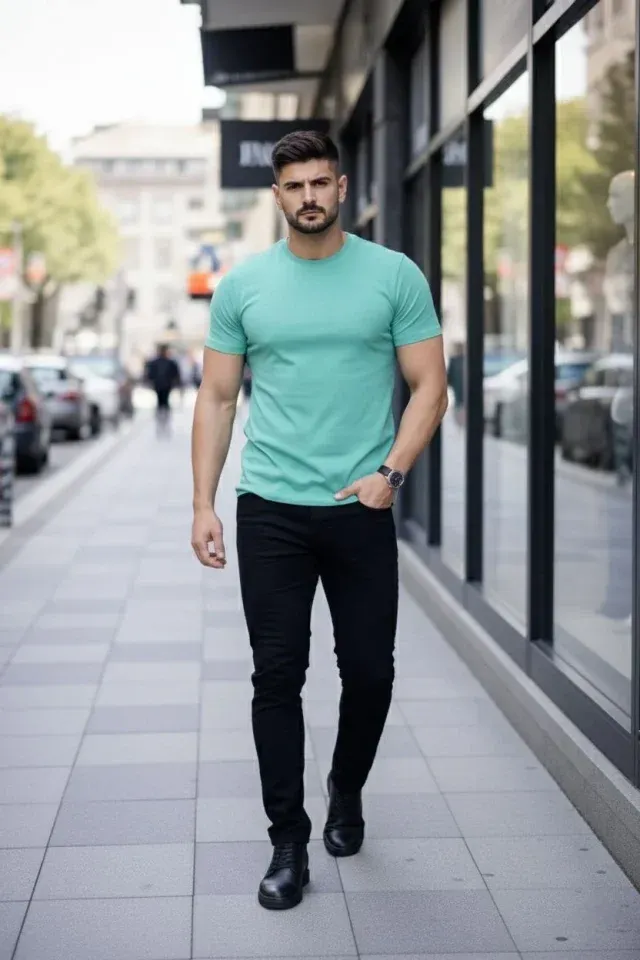 Erkek T-Shirt Bisiklet Yaka Slim Fit Dar Kesim Likralı Tişört Günlük Basic Body - Turkuvaz