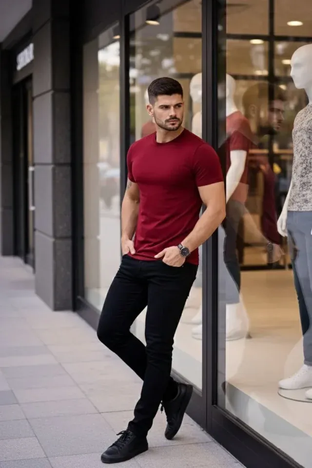 Erkek T-Shirt Bisiklet Yaka Slim Fit Dar Kesim Likralı Tişört Günlük Basic Body - Bordo