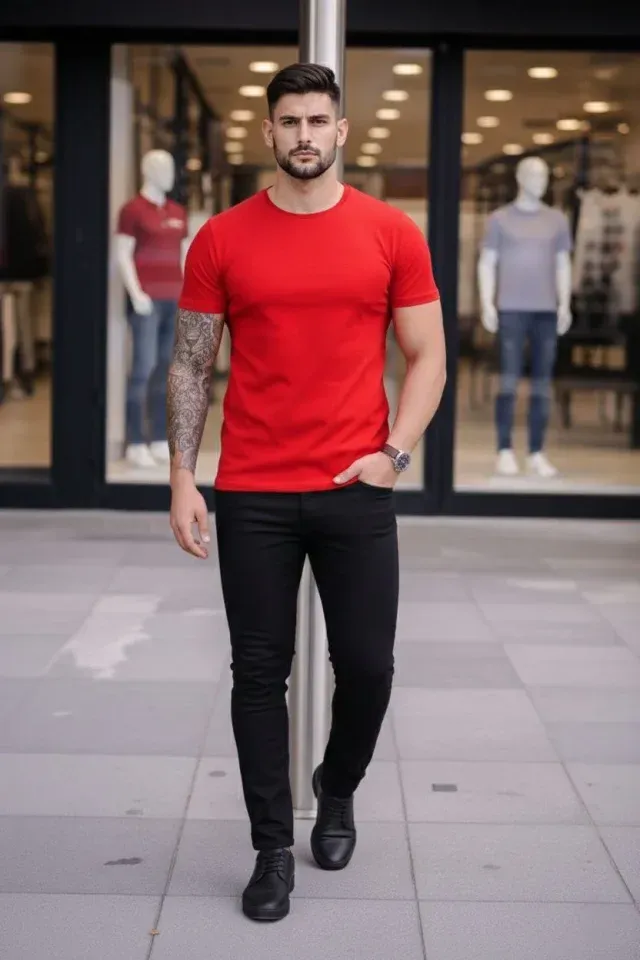 Erkek T-Shirt Bisiklet Yaka Slim Fit Dar Kesim Likralı Tişört Günlük Basic Body - Kırmızı