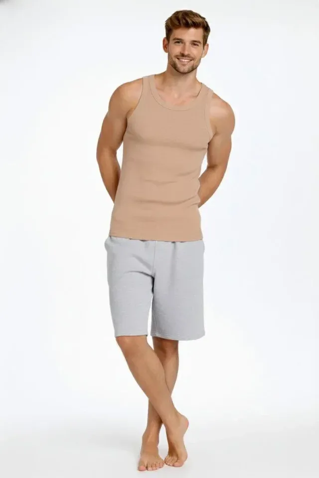 Erkek Fitilli Atlet Sıfır Yaka Slim Fit Arka Baskılı Spor Atlet - Bej