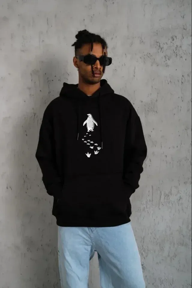 Erkek Nihilist Penguen Temalı Oversize Kapüşonlu Sweatshirt - Siyah