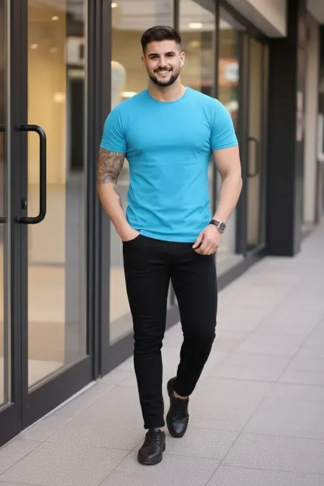 Erkek T-Shirt Bisiklet Yaka Slim Fit Dar Kesim Likralı Tişört Günlük Basic Body - Açık Mavi