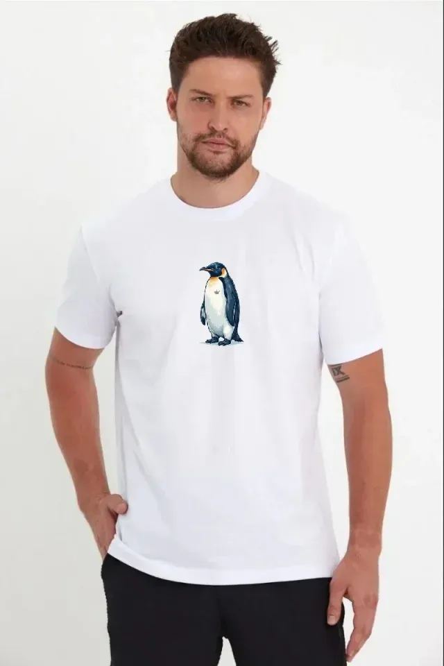 Erkek Oversize Tişört - Sırt Baskılı Survivor Penguin Temalı, Felsefi Yazılı Bisiklet Yaka Tişört - Beyaz