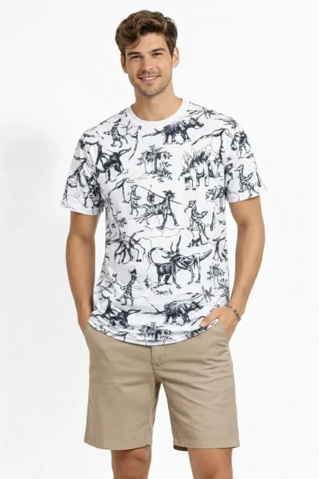 Erkek Beyaz Dinozor Desenli Tişört – Regular Fit, Bisiklet Yaka, Dijital Baskılı Pamuklu T-Shirt - Beyaz