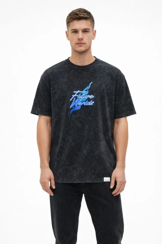 Erkek Asit Yıkamalı Oversize Tişört Future Worlds Baskılı Bisiklet Yaka Kısa Kollu Streetwear %100 Pamuk Street Style T-Shirt - Siyah