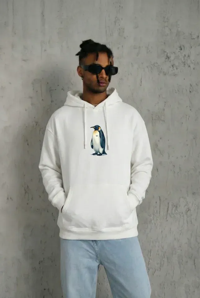 Siyah Oversize Hoodie - Sırt Baskılı Survivor Penguin Temalı, Felsefi Yazılı Kapüşonlu Sweatshirt - Beyaz