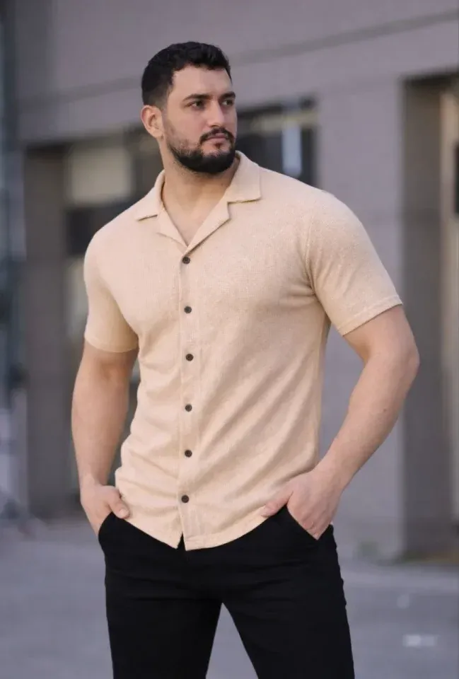 Erkek Waffle Dokuma Açık Yakalı Düğmeli Regular Kalıp 3’lü Gömlek Seti - Bej, Beyaz, Lacivert