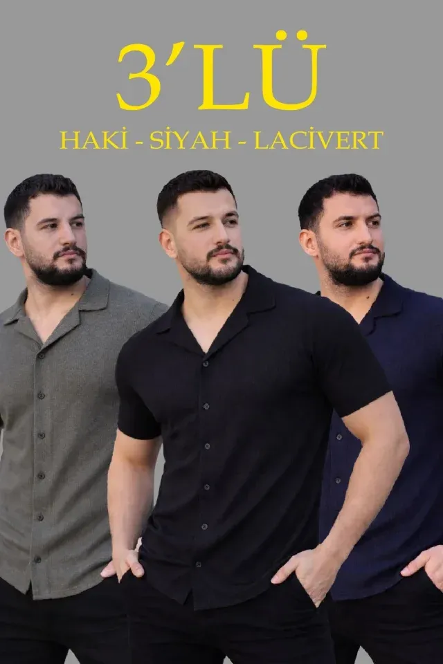 Erkek Waffle Dokuma Açık Yakalı Düğmeli Regular Kalıp 3’lü Gömlek Seti - Siyah, Haki, Lacivert
