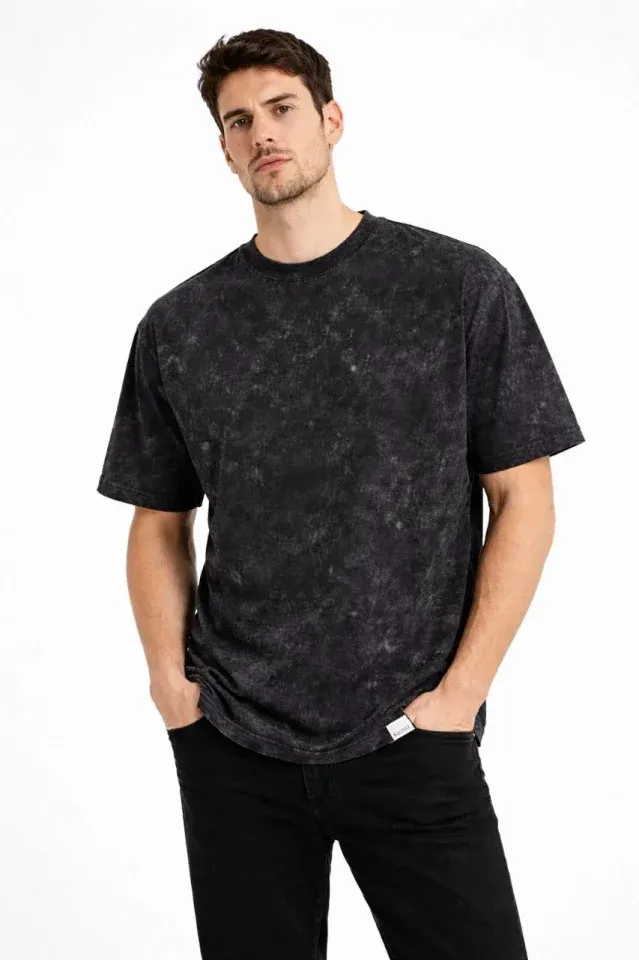 Erkek Asit Yıkama Bisiklet Yaka Kısa Kollu Oversize T-Shirt Tişört - Siyah
