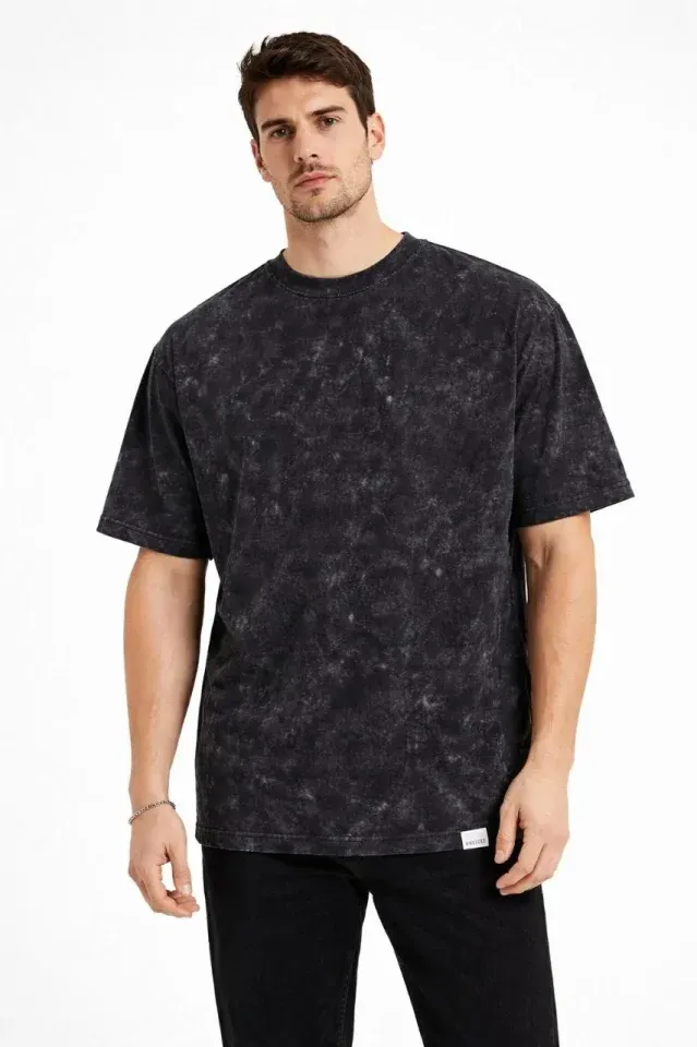 Erkek Asit Yıkama Bisiklet Yaka Kısa Kollu Oversize T-Shirt Tişört - Siyah