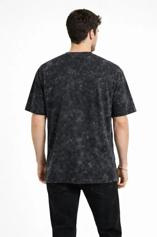 Erkek Asit Yıkama Bisiklet Yaka Kısa Kollu Oversize T-Shirt Tişört - Siyah