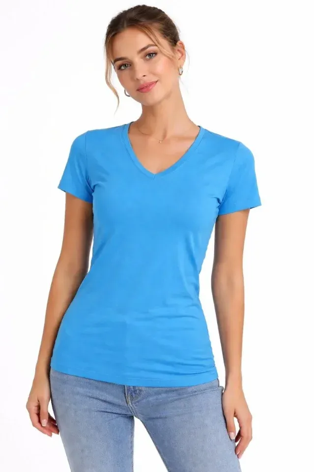 T-Shirt V Yaka Slim Fit Likralı Tişört Günlük Basic Body - Açık Mavi
