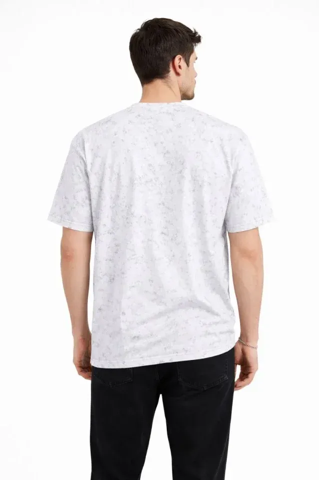 Erkek Asit Yıkama Bisiklet Yaka Kısa Kollu Oversize T-Shirt Tişört - Beyaz