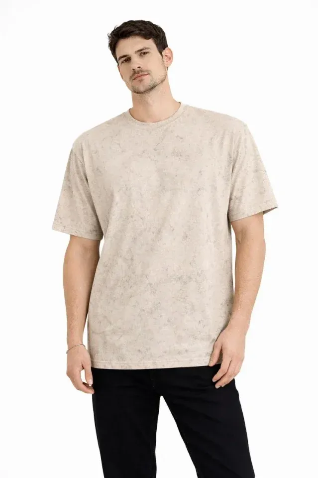 Erkek Asit Yıkama Bisiklet Yaka Kısa Kollu Oversize T-Shirt Tişört - Bej