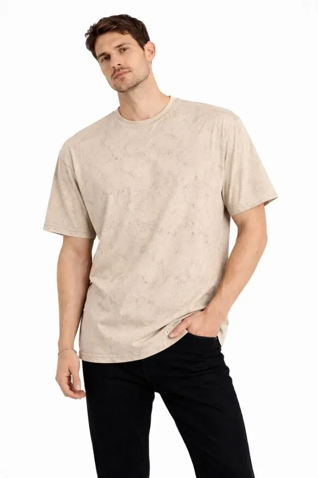 Erkek Asit Yıkama Bisiklet Yaka Kısa Kollu Oversize T-Shirt Tişört - Bej