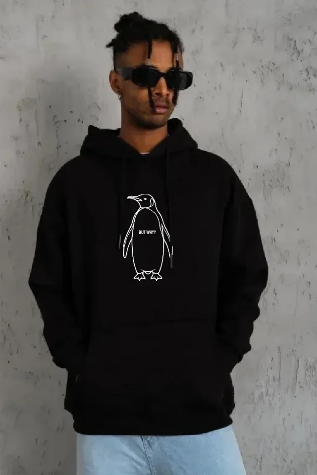 Erkek Nihilist Penguen Özel Tasarım Oversize Kapüşonlu Sweatshirt - Siyah
