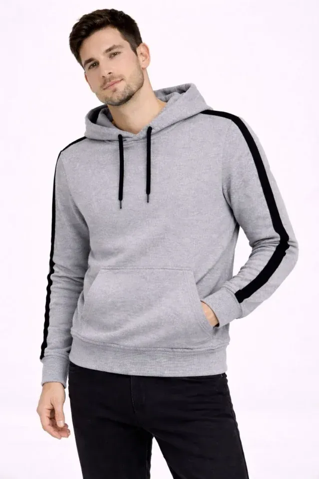 Erkek Şeritli Kapüşonlu Sweatshirt Oversize 3 Iplik Pamuklu - Gri