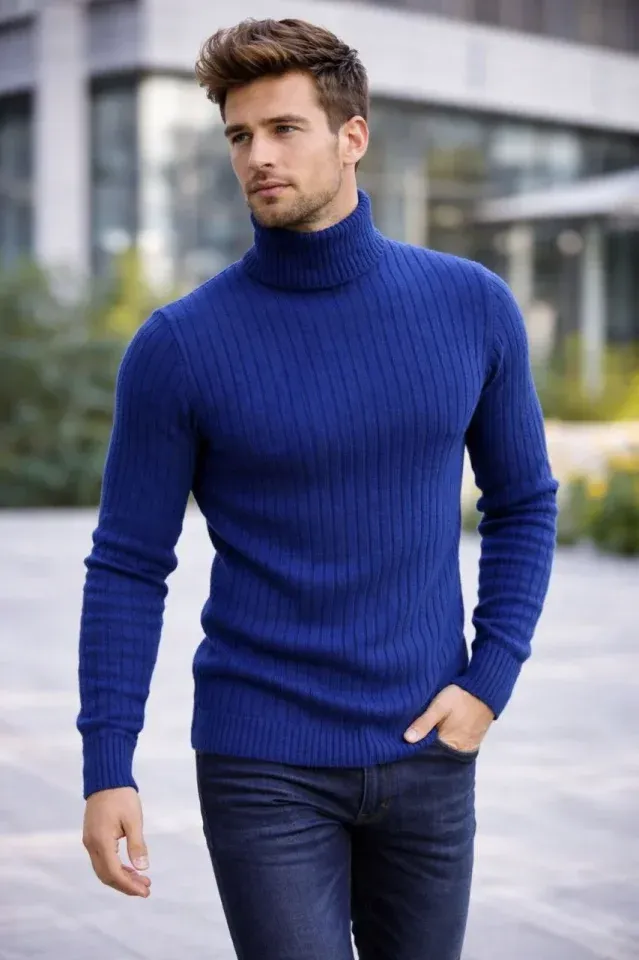 Erkek Balıkcı Yaka Bağazlı Triko Kazak Pamuklu Kalın Fitilli Dokuma, Regular Fit Uzun Kollu Kışlık Model - İndigo