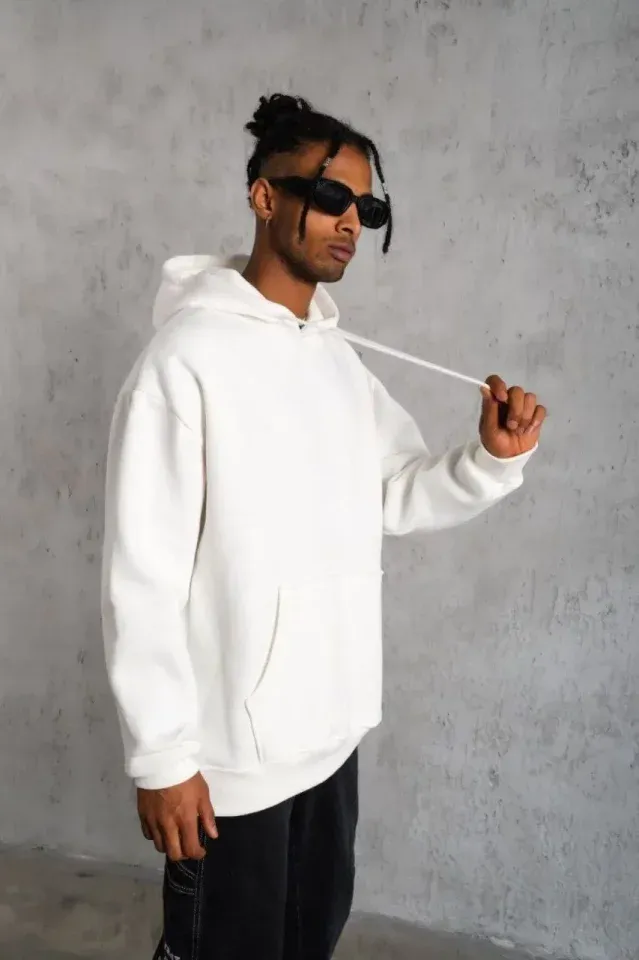 3 İplik Kapşonlu Sweatshirt Hoodie - Beyaz