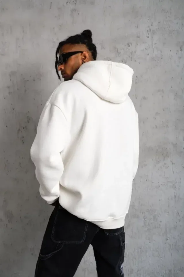 3 İplik Kapşonlu Sweatshirt Hoodie - Beyaz
