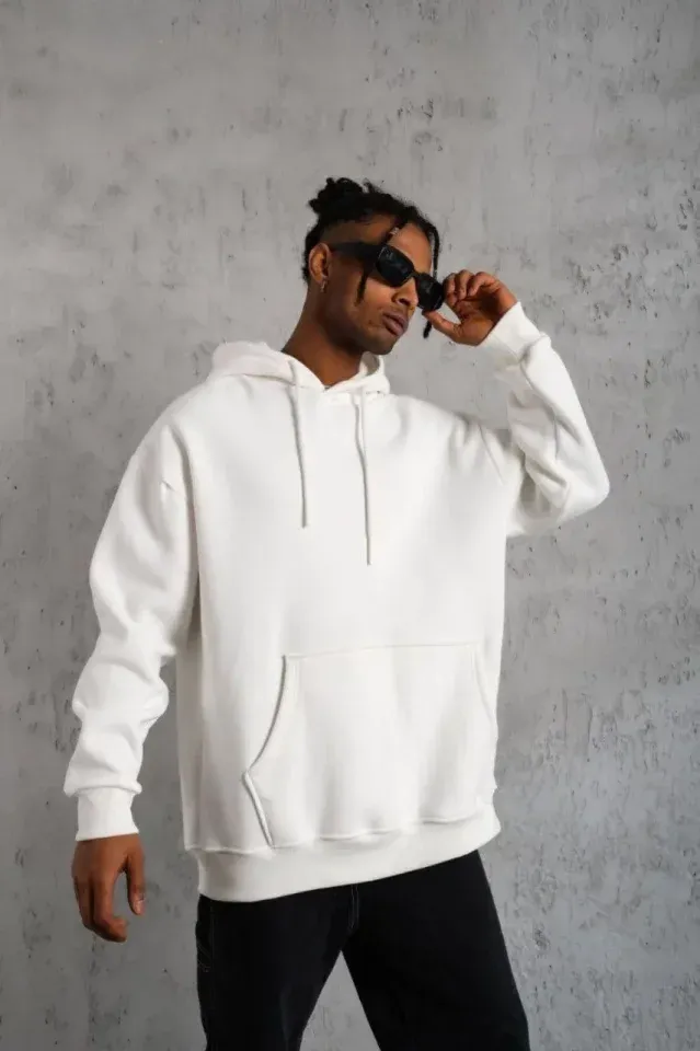 3 İplik Kapşonlu Sweatshirt Hoodie - Beyaz