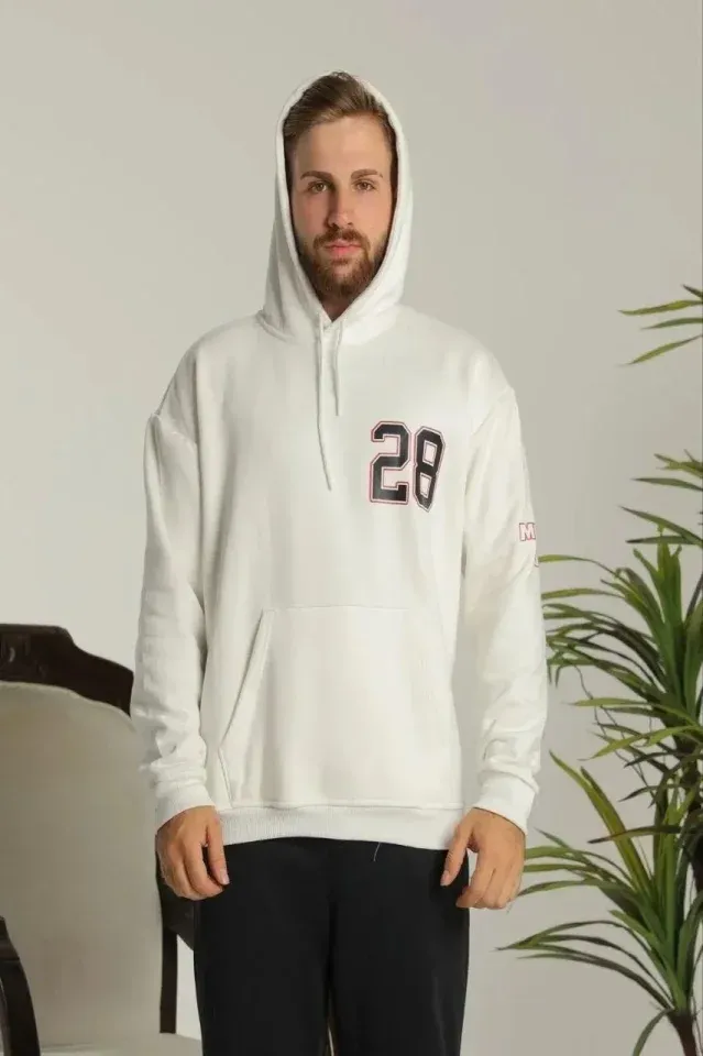 Erkek Oversize Üç İplik Kapüşonlu Sweatshirt –Sırt Ve Ön Baskılı, Kanguru Cepli, Rahat Kalıp Maskot Desenli Model - Siyah Beyaz