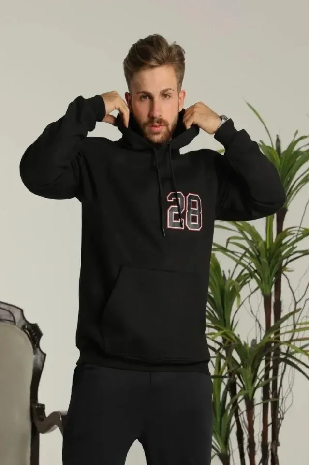 Erkek Oversize Üç İplik Kapüşonlu Sweatshirt –Sırt Ve Ön Baskılı, Kanguru Cepli, Rahat Kalıp Maskot Desenli Model - Siyah