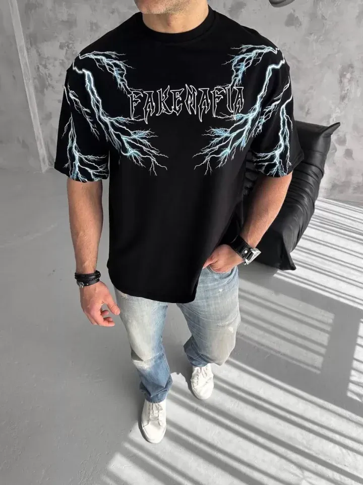 Unisex Bisiklet Yaka Baskılı Oversize T-Shirt - Siyah