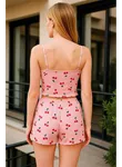 Pembe Kiraz Desenli Kurdelalı Askılı Şortlu Pijama Takımı