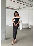 Kadın Omuz Dekolte Beyaz Kurdele Detay Uzun Krep Elbise