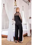 Dantelli ve Tüllü Uzun Kollu Önü Düğmeli Saten Pijama Takımı