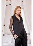 Dantelli ve Tüllü Uzun Kollu Önü Düğmeli Saten Pijama Takımı