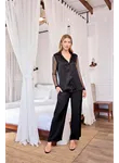 Dantelli ve Tüllü Uzun Kollu Önü Düğmeli Saten Pijama Takımı