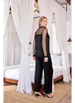 Dantelli ve Tüllü Uzun Kollu Önü Düğmeli Saten Pijama Takımı