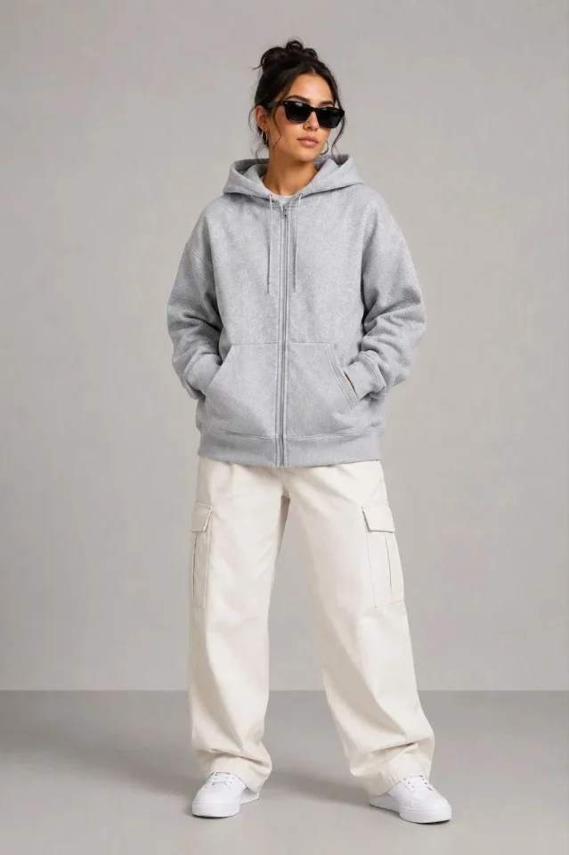 3 İplik Şardonlu Tam Fermuarlı Kapüşonlu Arka Çanta Detaylı Sweatshirt - Gri