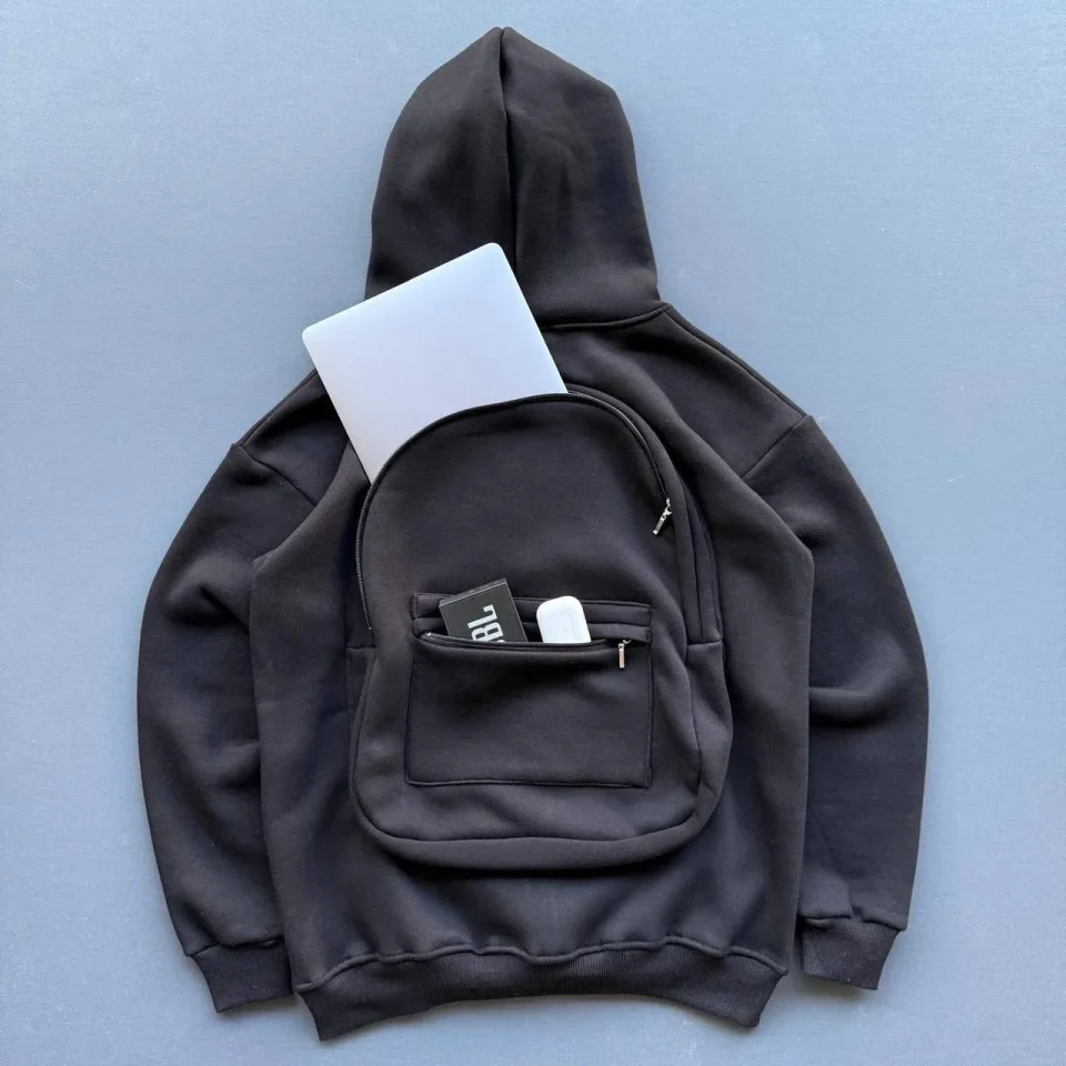 Erkek 3 İplik Şardonlu Tam Fermuarlı Kapüşonlu Arka Çanta Detaylı Sweatshirt - Siyah