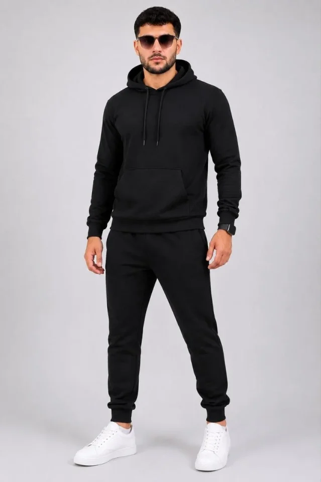 Erkek İki İplik Kapüşonlu Kanguru Cepli Sweatshirt Jogger Pantolon Alt Üst Eşofman Takımı -Siyah