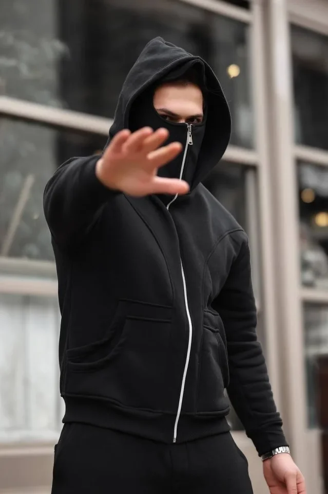 Erkek Maskeli Ninja Model Çift Kapüşonlu 3 İplik Şardonlu Fermuarlı Sweatshirt - Siyah