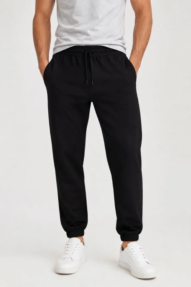 Erkek İki İplik Beli Lastikli Bağcıklı Regular Fit Jogger Eşofman Altı - Siyah