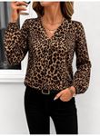 Kadın Uzun Kollu V Yakalı önden Pileli Leopar Desenli Süprem Bluz
