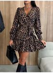 Kadın Uzun Kollu Kruvaze Yakalı Belden Bağcıklı Kısa Leopar Desenli Modal Elbise