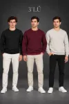 Erkek 3Lü Bisiklet Yaka İçi Şardonlu 2 İplik Düz Uzun Kollu Regular Fit Sweatshirt - Siyah - Bordo - Gri