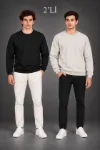 Erkek 2Li Bisiklet Yaka İçi Şardonlu 2 İplik Düz Uzun Kollu Regular Fit Sweatshirt - Siyah - Gri