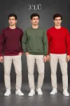 Erkek 3Lü Bisiklet Yaka İçi Şardonlu 2 İplik Düz Uzun Kollu Regular Fit Sweatshirt -Bordo - Gri - Kırmızı