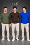 Erkek 3Lü Bisiklet Yaka İçi Şardonlu 2 İplik Düz Uzun Kollu Regular Fit Sweatshirt - Haki - Kahverengi - Mavi