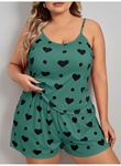 Büyük Beden Yeşil Kalp Desen Pamuklu Şortlu Pijama Takımı